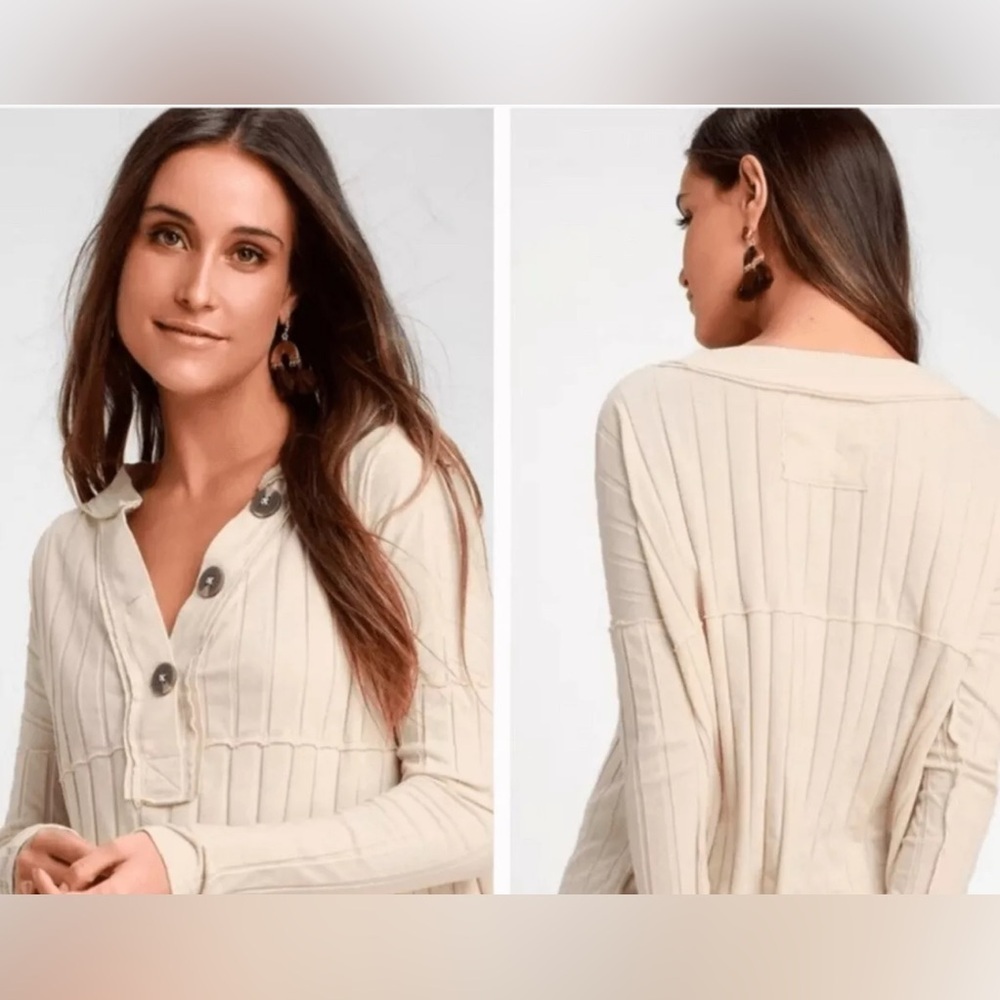 We The Free The Mix Henley Cream Long Sleeve Top Size Small Free People Button